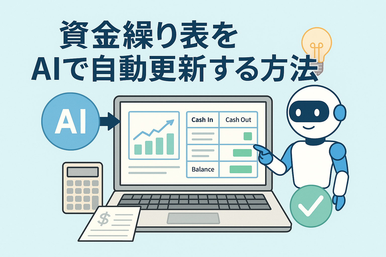 資金繰り表をAIで自動更新する方法を説明するイラスト。パソコン画面にスプレッドシートとグラフが表示され、AIロボットが指し示しているビジネスシーン。