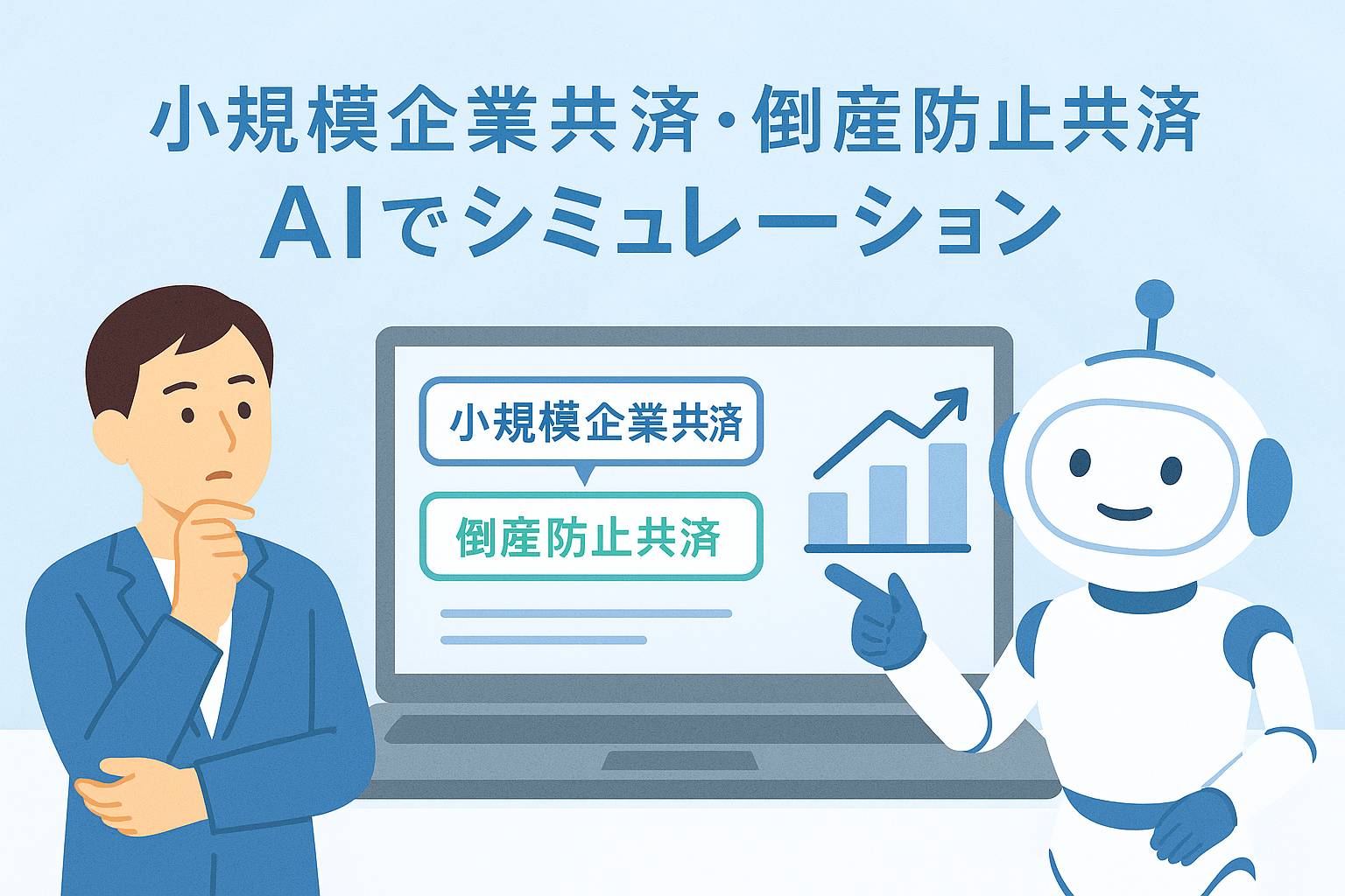 小規模企業共済・倒産防止共済をAIでシミュレーションするイメージ。AIロボットがグラフを指し示し、スーツ姿の経営者が考えている様子のイラスト。