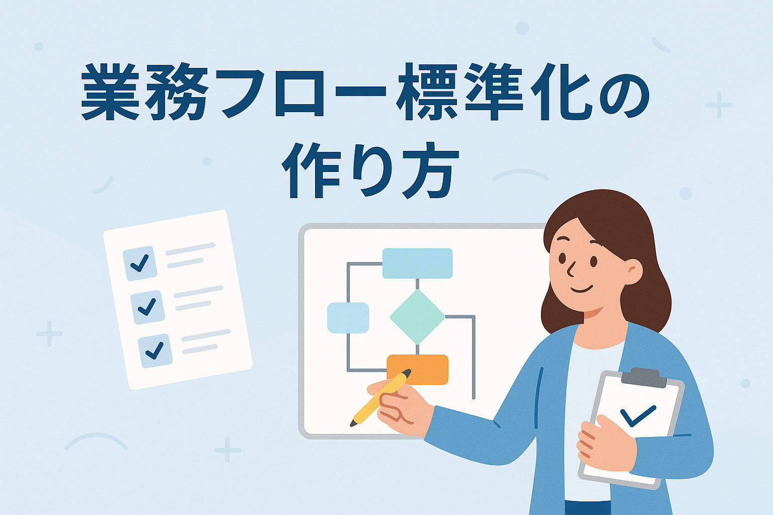 業務フロー標準化の作り方をイメージしたイラスト。女性がホワイトボードに描かれたフローチャートを指し示し、チェックリストと業務プロセスを整理している様子。