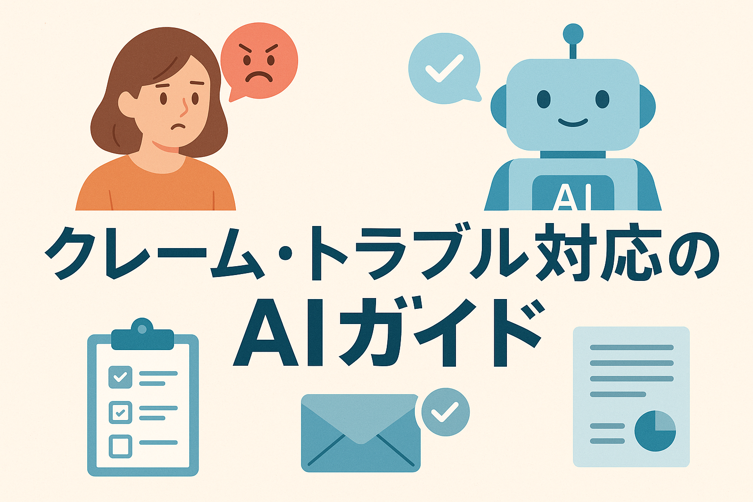 クレーム・トラブル対応をAIでサポートする様子を描いたイラスト。怒っている顧客とAIロボットが登場し、チェックリストやメールアイコンで対応プロセスを表現。