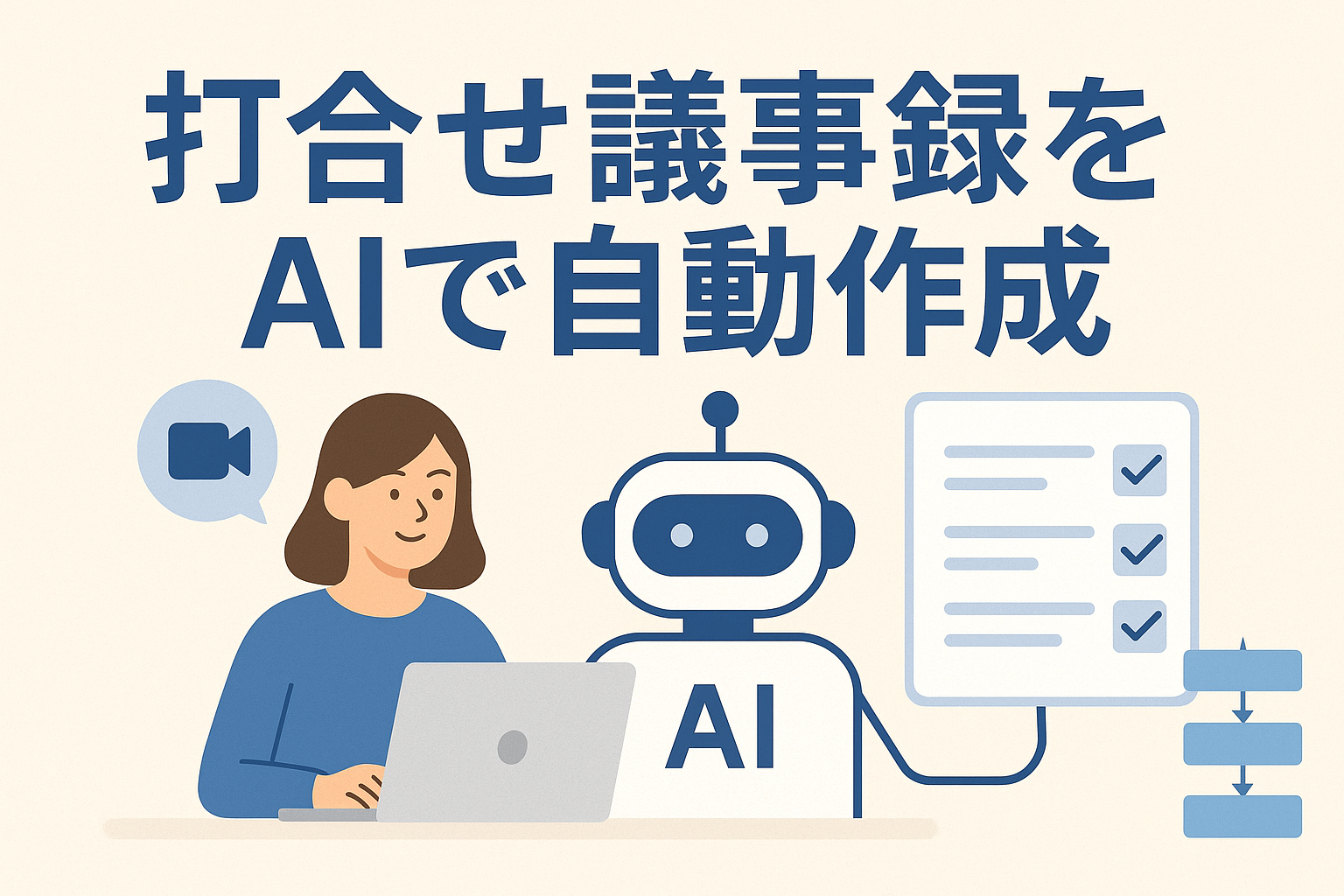 AIが打合せ議事録を自動作成する様子を描いたイラスト。女性がパソコンで会議をし、隣でAIロボットが要約とタスクを整理している。
