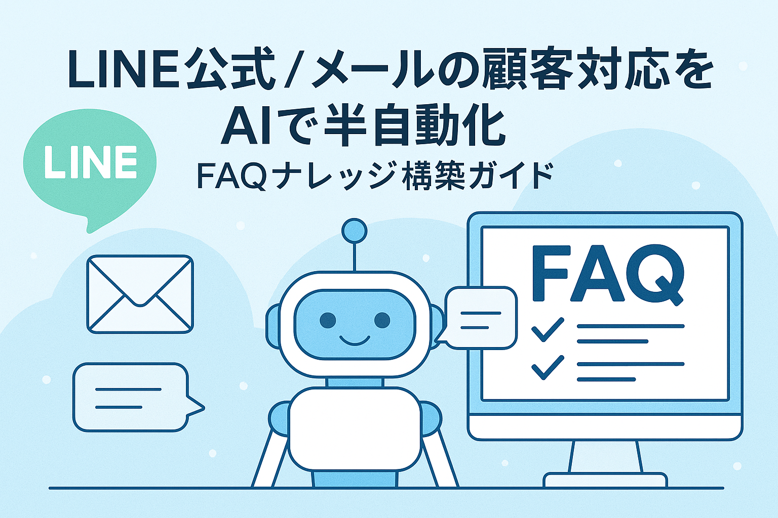 AIがLINE公式やメールの顧客対応を半自動化し、FAQナレッジを構築している様子を描いたイラスト。