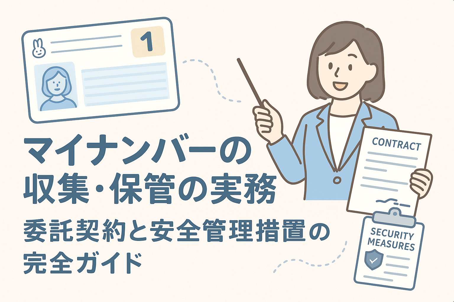 マイナンバーの収集・保管方法と委託契約、安全管理措置を解説するイメージイラスト。女性が契約書を指し示し、マイナンバーカードとセキュリティ資料が描かれている。