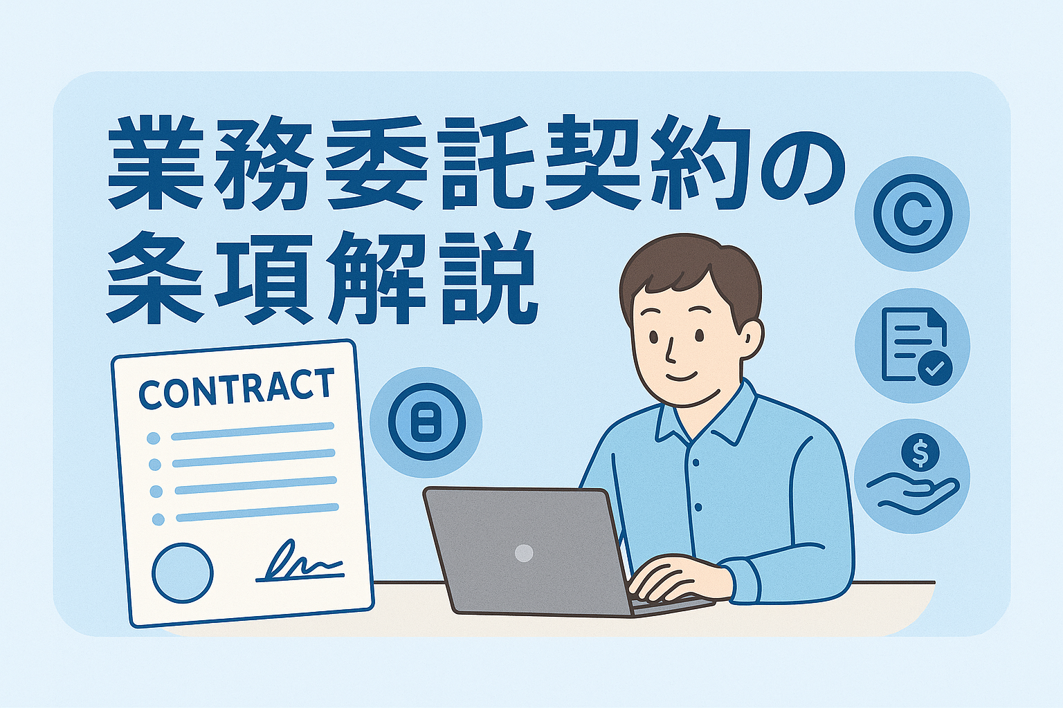 業務委託契約の条項内容をパソコンで確認するビジネスマンのイラスト。契約書や著作権マーク、支払・検収アイコンなどが描かれた清潔感のあるデザイン。