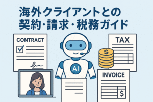 海外クライアントとの契約・請求・税務をテーマにしたイラスト。AIロボットが契約書・請求書・税務書類をサポートする様子が描かれている。