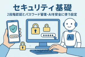 セキュリティ基礎｜2段階認証とパスワード管理・AIを安全に使う設定を解説するイラスト。スマートフォンの認証コード、鍵アイコン、パソコンのパスワード入力画面、AIロボットが描かれた清潔感のあるデザイン。