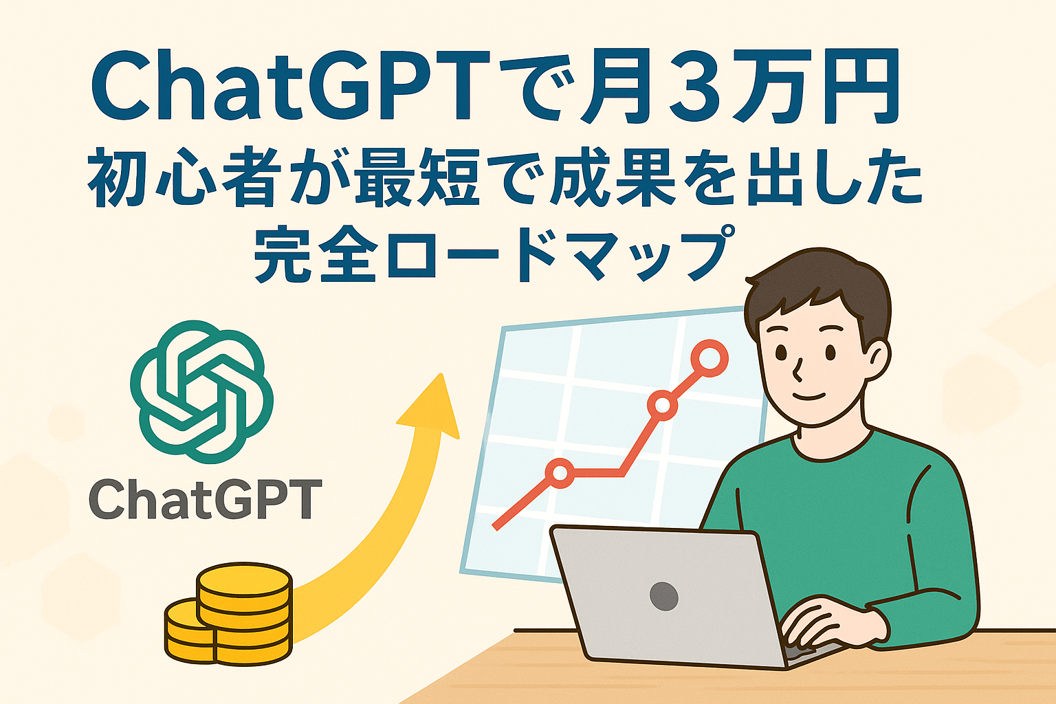 ChatGPTを使って月3万円を目指す初心者が、パソコンの前で成果を出して喜んでいるイラスト。上昇グラフとコインのアイコンが描かれ、AI副業の成功を象徴している。