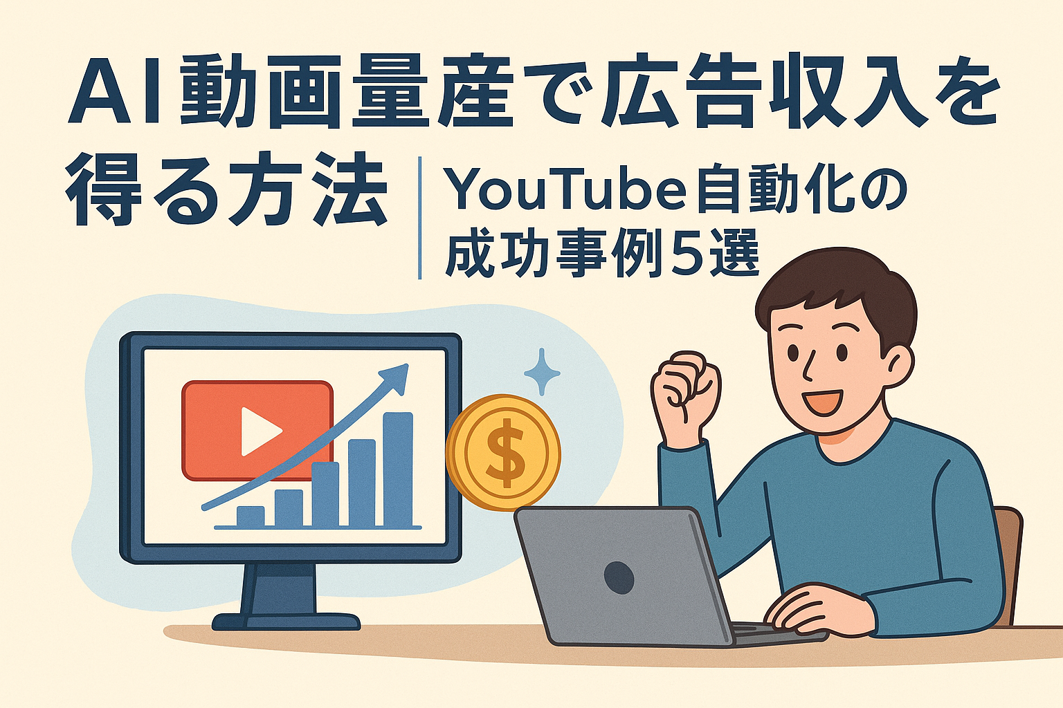 AIを活用してYouTube動画を自動生成し、広告収入を得る方法を解説するイメージ。ノートパソコンの前で喜ぶ人物と、上昇するグラフや動画アイコンが描かれている。