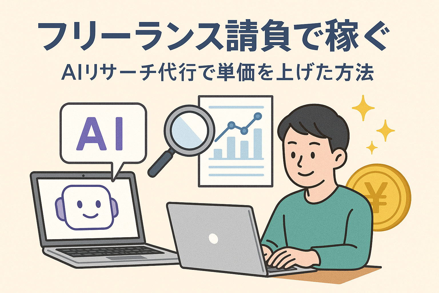 AIリサーチ代行で収入を伸ばすフリーランスを描いたイラスト。ノートパソコン、AIアイコン、グラフ、円マークなどが配置され、請負型の働き方と単価アップをイメージした構図。