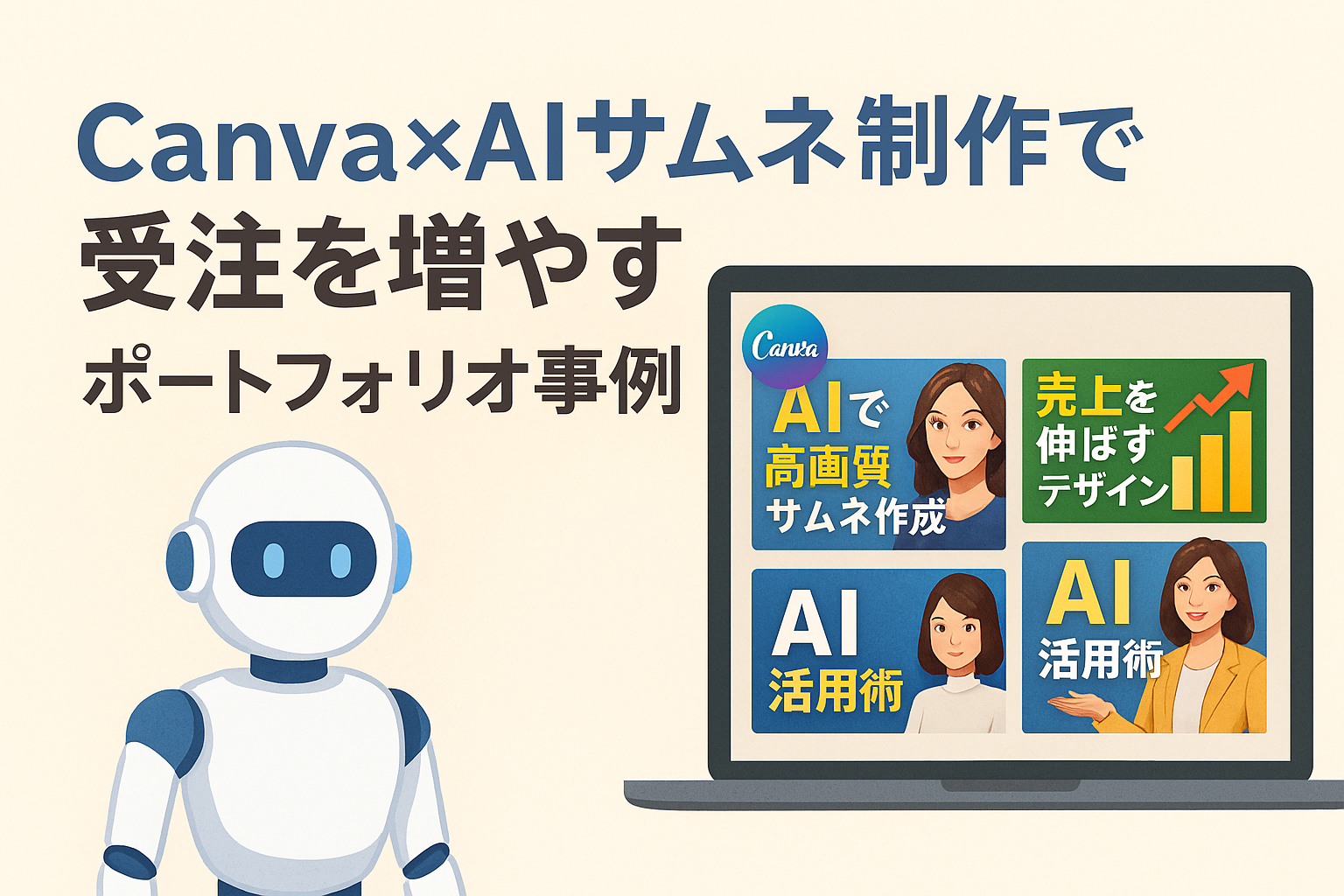 CanvaとAIを活用したサムネイル制作をテーマにしたアイキャッチ画像。 ノートパソコンの画面に複数のデザイン例が並び、AIロボットが横に立つ構図で、フリーランスの受注増加とポートフォリオ活用を象徴している。