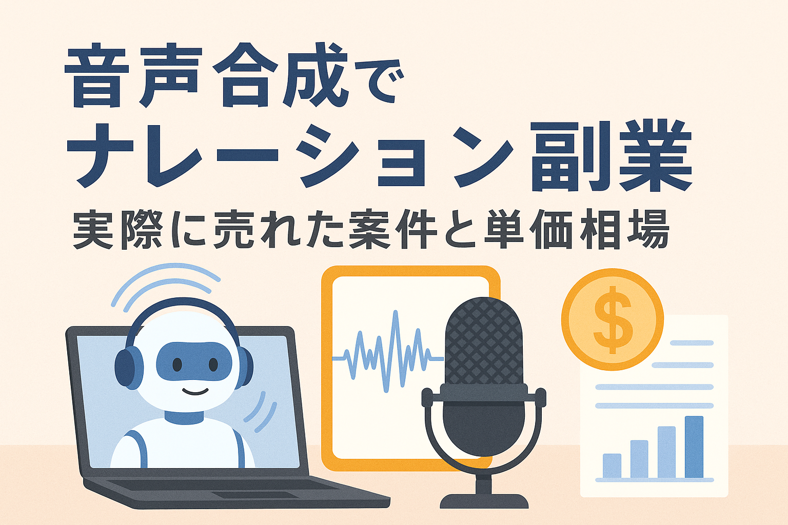 AI音声合成を使ったナレーション副業をイメージしたアイキャッチ画像。ノートパソコンのAIロボット、マイク、音声波形、グラフ、金額アイコンを配置し、副業収益や案件相場を連想させる構図。
