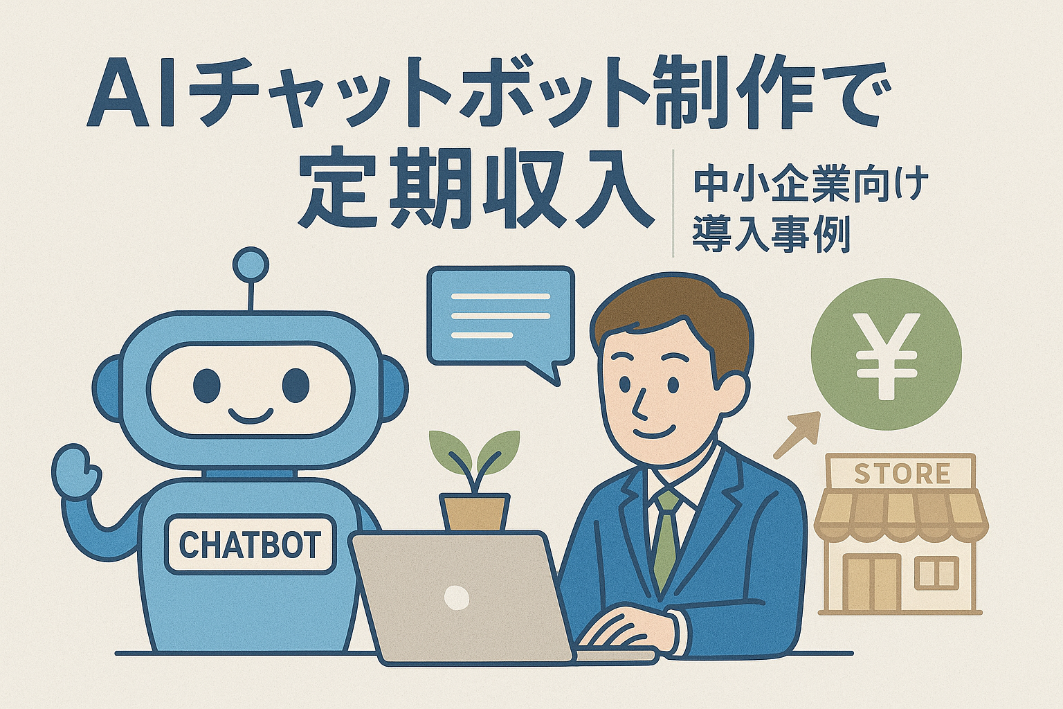 AIチャットボット制作による定期収入をテーマにしたイラスト。 パソコンを操作するビジネスマンと、横に立つ笑顔のAIチャットボットを描き、 中小企業がAI導入で業務効率化と収益安定を実現するイメージを表現している。