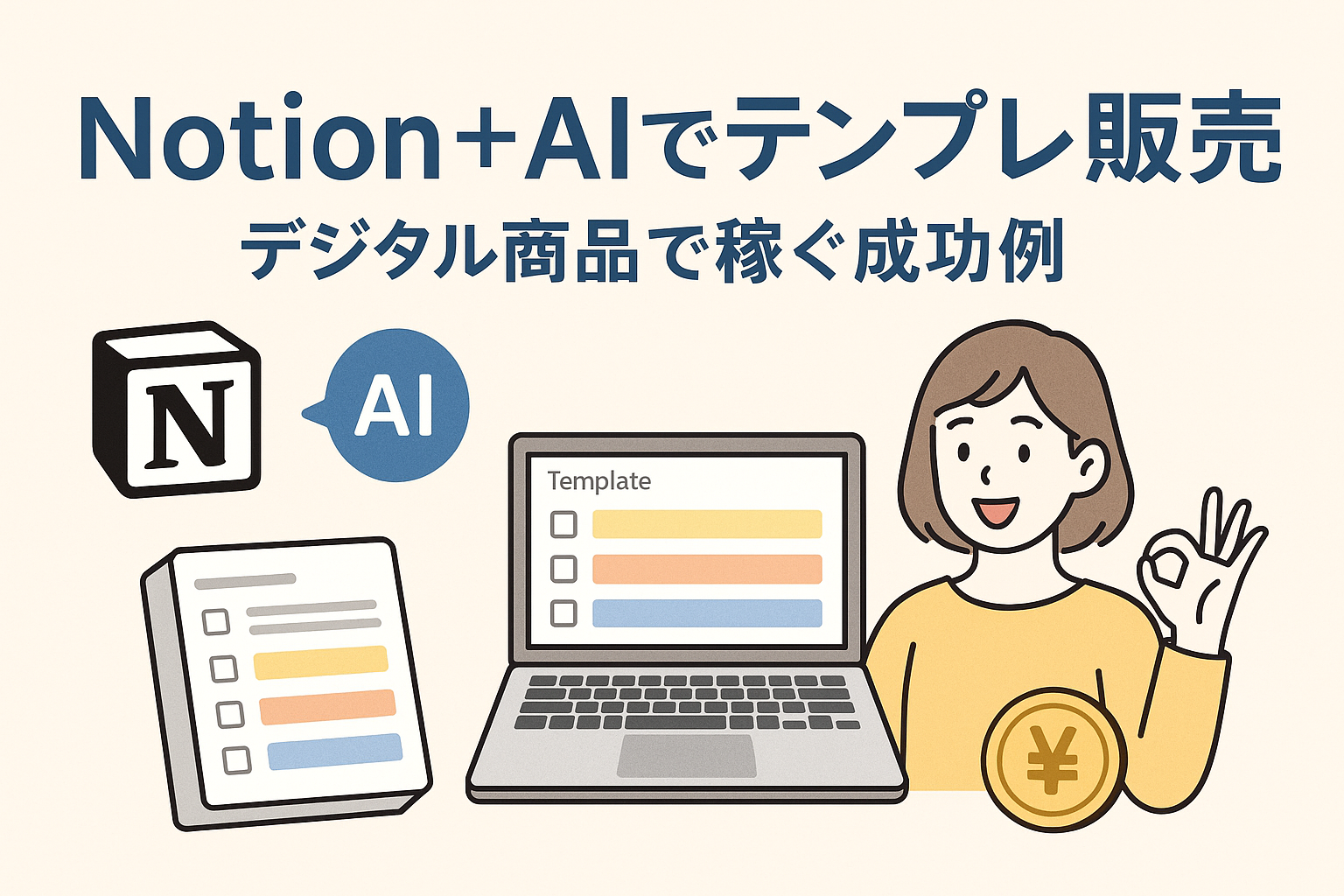 NotionとAIを使ったテンプレート販売の成功をテーマにしたイラスト。 ノートパソコンの画面にテンプレートが表示され、AIのアイコンと笑顔の人物、 そして円マークのコインが描かれ、デジタル商品で稼ぐ仕組みを象徴している。