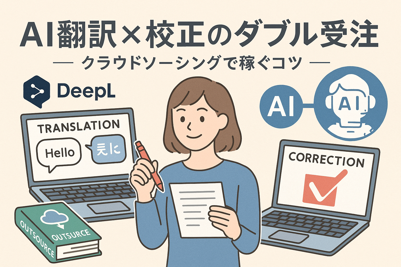 AI翻訳と校正を組み合わせてクラウドソーシングで稼ぐイメージイラスト。 女性がパソコンとAIを使って翻訳と校正を行う様子を描き、リモートワーク・副業・AI活用を連想させるデザイン。