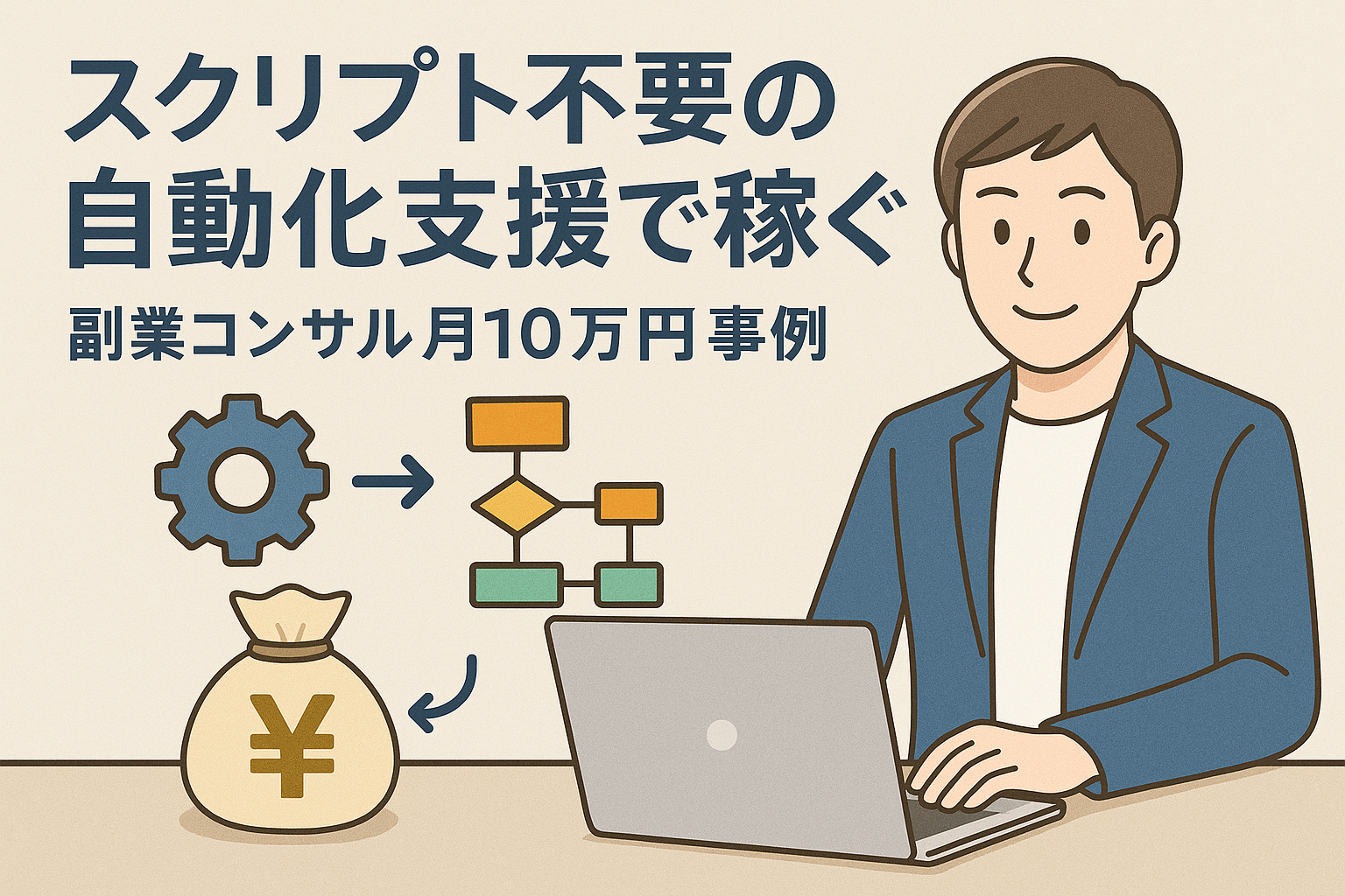 スクリプト不要の自動化支援で稼ぐ方法を解説するアイキャッチ画像。ノーコードツールを使って業務効率化を進める副業コンサルの成功事例をイメージしたビジネス風イラスト。