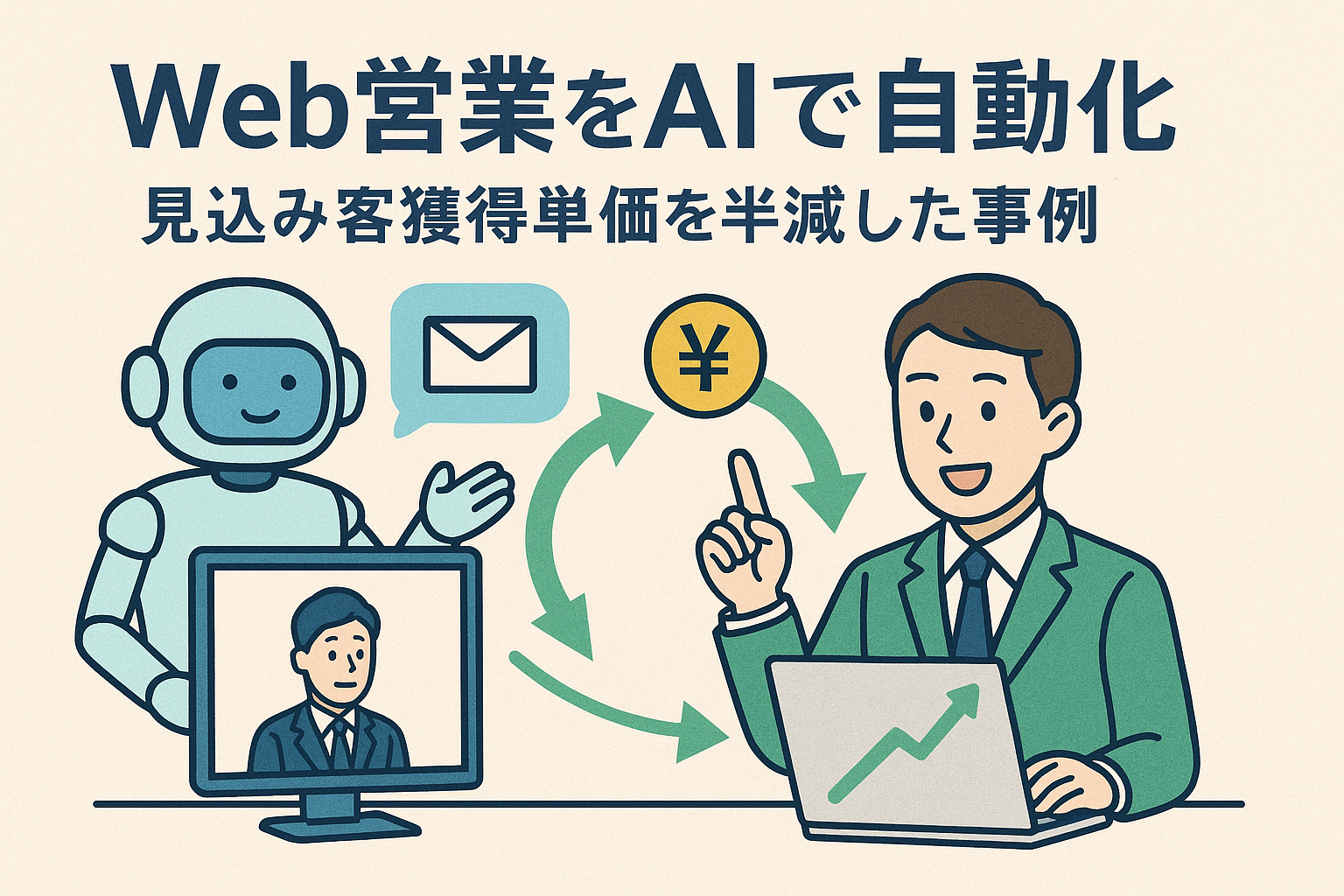 AIを活用してWeb営業を自動化し、見込み客獲得単価を半減させた事例を表現したイラスト。スーツの営業担当者とAIロボットが協力し、ノートパソコンでデータ分析やメール自動送信を行う様子が描かれている。
