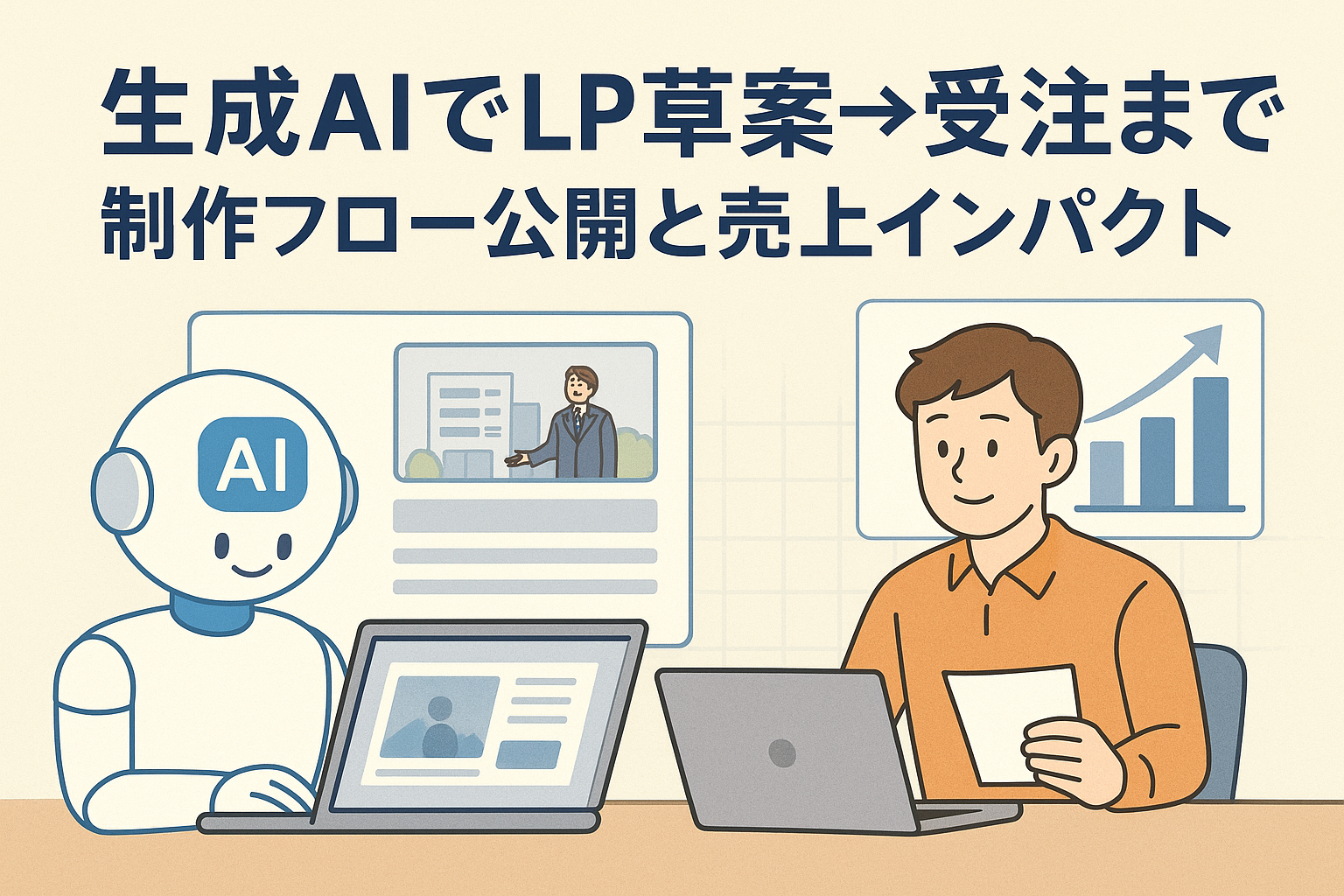 AIとクリエイターがノートパソコンを使ってランディングページを制作しているイラスト。生成AIを活用して草案から受注まで進め、売上アップを実現する様子を表現。