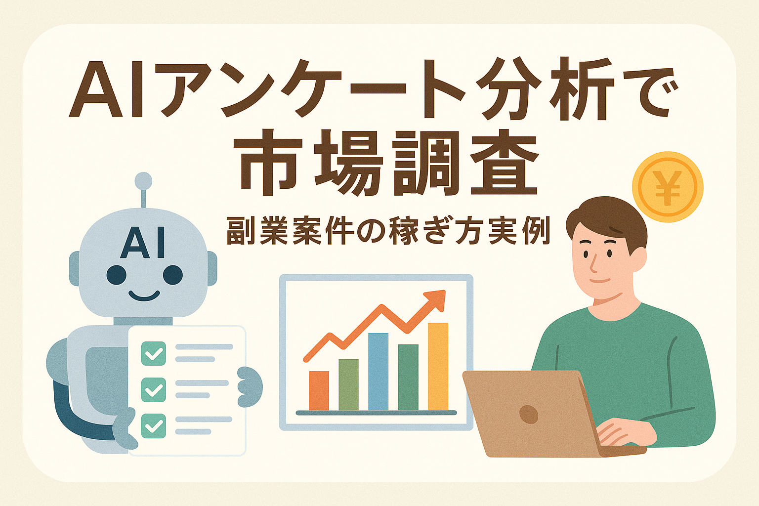 AIがアンケート結果を分析して市場調査を行い、副業案件で収益を上げる様子を描いたイラスト。AIロボットがチェックリストを持ち、パソコン操作中の男性の前に上昇グラフが表示されている。