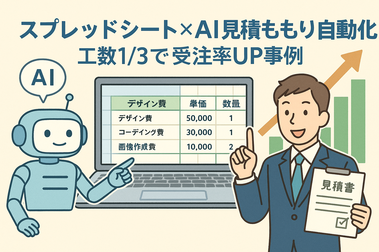 AIとスプレッドシートを活用して見積作業を自動化し、工数削減と受注率向上を実現する様子を描いたイラスト。AIロボットとビジネスマンがノートPC上の見積表を指差している。