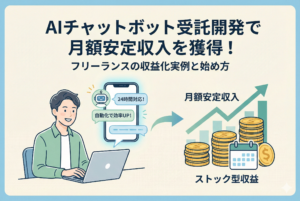 AIチャットボットの開発を行うフリーランスと、積み上がるコインや右肩上がりのグラフを組み合わせたイラスト。開発から月額の保守・安定収入（ストック収益）への流れを視覚的に表現した、清潔感のある精緻なデザイン。
