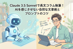 「Claude 3.5 Sonnetで長文コラム執筆！AIを感じさせない自然な文章術とプロンプトのコツ」という記事タイトルのアイキャッチ画像。左側のAIロボットがキーボードを叩いて自然な日本語の文章を生成し、右側の眼鏡をかけた人間のライターがタブレットで「human touch（人間味）」を加えながらそれを編集・推敲しているイラスト。AIと人間が協力して高品質な記事を共創する様子を、親しみやすく清潔感のあるタッチで描いています。