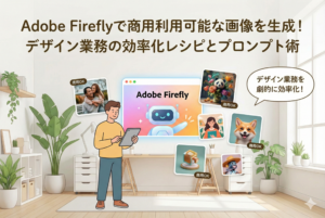 Adobe Fireflyの画面の前でタブレットを操作する男性のイラスト。画面からは「商用OK」とタグ付けされた人物、動物、3Dオブジェクトなどの多様な画像が生成されて浮かんでいる。上部には記事タイトルの「Adobe Fireflyで商用利用可能な画像を生成！デザイン業務の効率化レシピとプロンプト術」という文字があり、右側の吹き出しには「デザイン業務を劇的に効率化！」と書かれている。