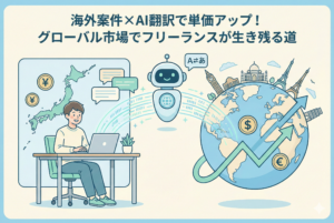 「海外案件×AI翻訳で単価アップ！グローバル市場でフリーランスが生き残る道」というタイトルのアイキャッチイラスト。日本のフリーランスがAIロボットの翻訳機能を介して、世界中のクライアント（ドルやユーロ）と繋がり、売上を表すグラフが右肩上がりに成長している様子を親しみやすいイラストで表現しています。
