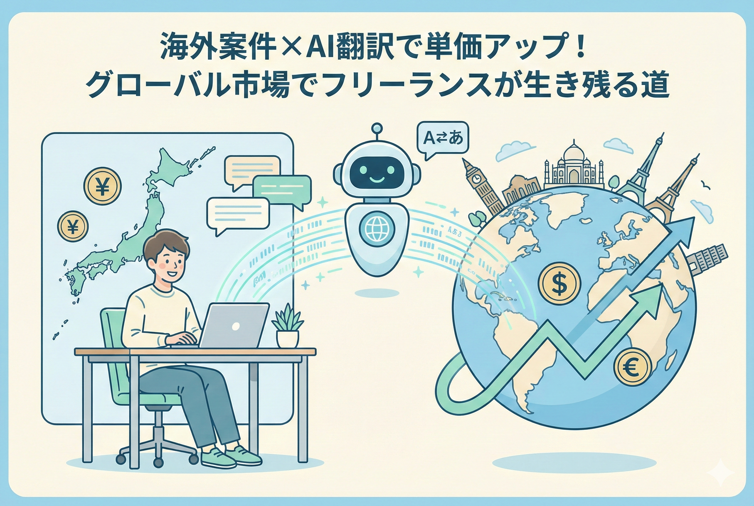 「海外案件×AI翻訳で単価アップ!グローバル市場でフリーランスが生き残る道」というタイトルのアイキャッチイラスト。日本のフリーランスがAIロボットの翻訳機能を介して、世界中のクライアント(ドルやユーロ)と繋がり、売上を表すグラフが右肩上がりに成長している様子を親しみやすいイラストで表現しています。