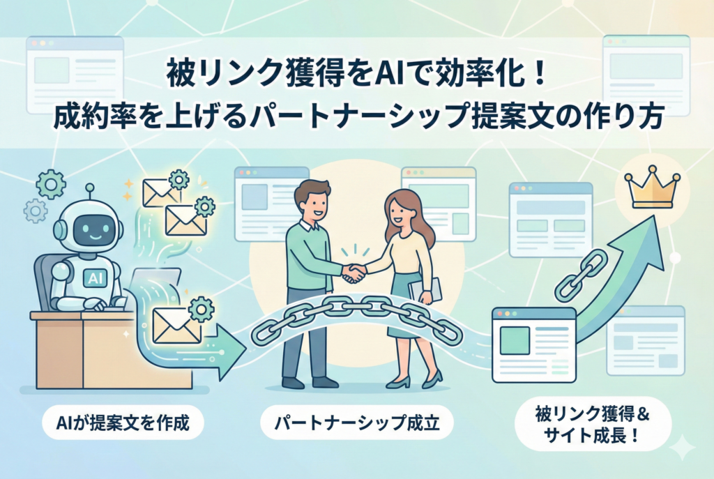 AIロボットが相手サイトを分析して誠実な提案文を作成し、サイト運営者同士が握手をしてパートナーシップを築く様子を描いたイラスト。中央には被リンクを象徴する鎖のアイコンがあり、それがWebサイトの成長と成功（王冠と上昇矢印）に繋がる流れを、清潔感のあるクリーンなデザインで表現している。