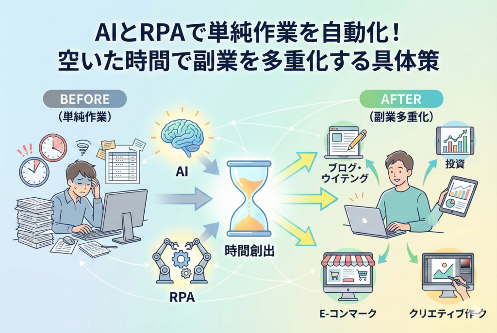 AIとRPAを組み合わせて単純作業を自動化し、空いた時間で複数の副業に取り組む様子を描いたビフォーアフター形式のアイキャッチイラスト。左側は書類仕事に忙殺されるビジネスマン、中央はAIとRPAが時間を創出する様子、右側はブログや投資など様々な副業を同時にこなす笑顔の姿で、「時間創出」と「副業多重化」のコンセプトを視覚的に表現しています。