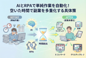AIとRPAを組み合わせて単純作業を自動化し、空いた時間で複数の副業に取り組む様子を描いたビフォーアフター形式のアイキャッチイラスト。左側は書類仕事に忙殺されるビジネスマン、中央はAIとRPAが時間を創出する様子、右側はブログや投資など様々な副業を同時にこなす笑顔の姿で、「時間創出」と「副業多重化」のコンセプトを視覚的に表現しています。