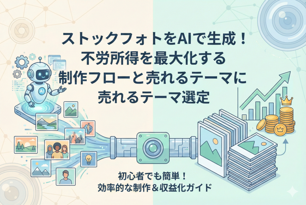 AIロボットが風景や人物など多様な画像を自動生成し、パイプラインを通じて大量のストックフォトとして蓄積され、それが右肩上がりのグラフとコインの山（不労所得）につながる様子を描いたイラスト。「ストックフォトをAIで生成！不労所得を最大化する制作フローと売れるテーマ選定」「初心者でも簡単！効率的な制作＆収益化ガイド」という日本語タイトルが記載されている。