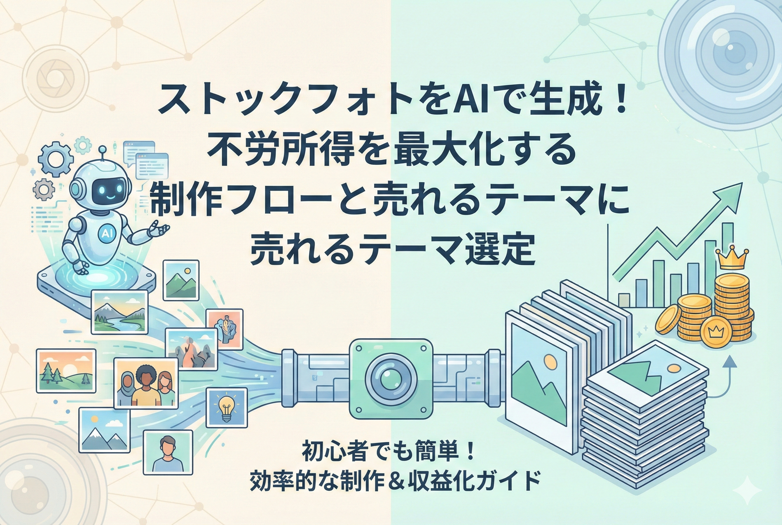 AIロボットが風景や人物など多様な画像を自動生成し、パイプラインを通じて大量のストックフォトとして蓄積され、それが右肩上がりのグラフとコインの山（不労所得）につながる様子を描いたイラスト。「ストックフォトをAIで生成！不労所得を最大化する制作フローと売れるテーマ選定」「初心者でも簡単！効率的な制作＆収益化ガイド」という日本語タイトルが記載されている。
