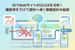 「AIでWebサイトのUI/UXを分析！離脱率を下げて成約へ導く導線設計の秘訣」を象徴する図解イラスト。左側の赤い絡まった矢印からユーザーが離脱（EXIT）する様子と、中央のAIが画面を解析することで、右側の整理された青い導線がヒートマップを経て「成約」ボタンへと繋がり、成約率が向上するプロセスを対比させて表現しています。