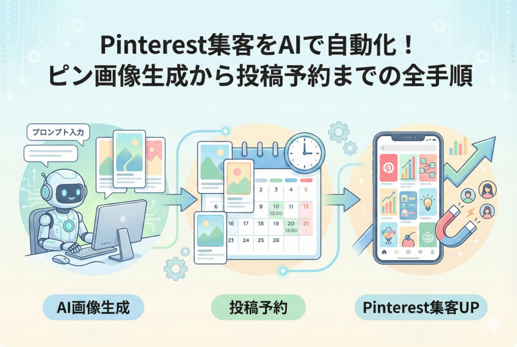 AIロボットがパソコンでピン画像を生成し、カレンダーで投稿予約を行い、スマートフォン上のPinterest画面で集客が向上していくプロセスを視覚化したフローチャート風のイラスト。上部には「Pinterest集客をAIで自動化！ピン画像生成から投稿予約までの全手順」というタイトル文字が入っています。