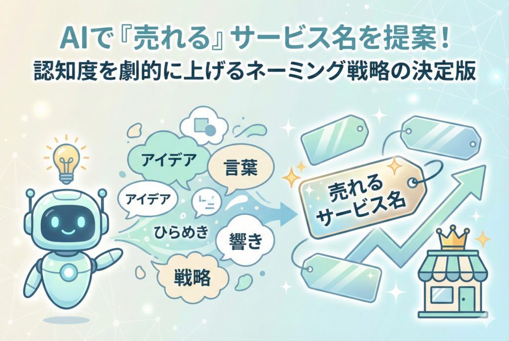 AIロボットが「アイデア」「言葉」「戦略」などの要素を組み合わせ、「売れるサービス名」というタグを生み出しているイラスト。その名前が上昇する矢印グラフと王冠をかぶった店舗につながり、ビジネスの成功と認知度向上を表現している。画像上部には記事タイトル「AIで『売れる』サービス名を提案!認知度を劇的に上げるネーミング戦略の決定版」が記載されている。