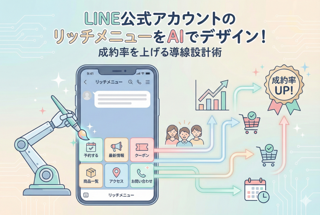 AIロボットがスマートフォン画面上のLINE公式アカウントのリッチメニューをデザインし、そこから予約や購入といった成約（コンバージョン）につながる導線が伸びて、右肩上がりのグラフと「成約率UP!」のバッジにつながっている様子を表現したインフォグラフィックイラスト。