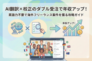 「AI翻訳×校正のダブル受注で年収アップ！英語力不要で海外フリーランス案件を獲る攻略ガイド」という記事タイトルのアイキャッチ画像。左側にはAIの地球儀アイコンと虫眼鏡のチェックリストが掛け合わされ、右側の「年収アップ！」と書かれた上昇グラフに繋がっているイラスト。下部には、ノートパソコンの画面越しに多様な国籍の人々が笑顔で交流し、海外の仕事案件が表示されている様子が描かれている。