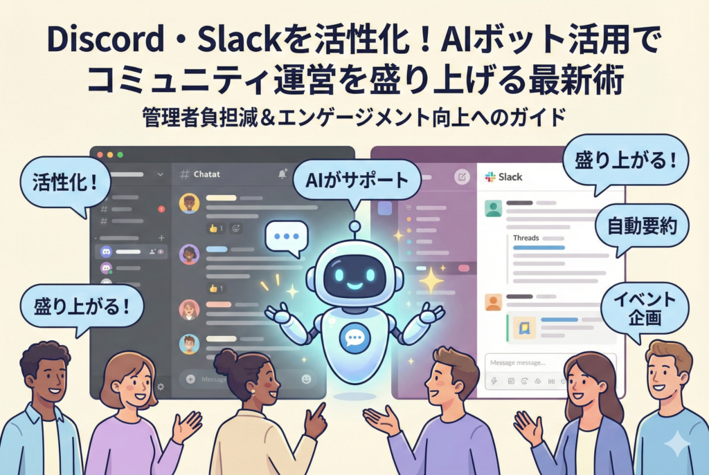 DiscordやSlackのコミュニティ画面を背景に、中央に配置された親しみやすいAIボットがメンバーの交流をサポートし、自動要約や盛り上げ機能によってコミュニティが活性化している様子を描いたイラスト。