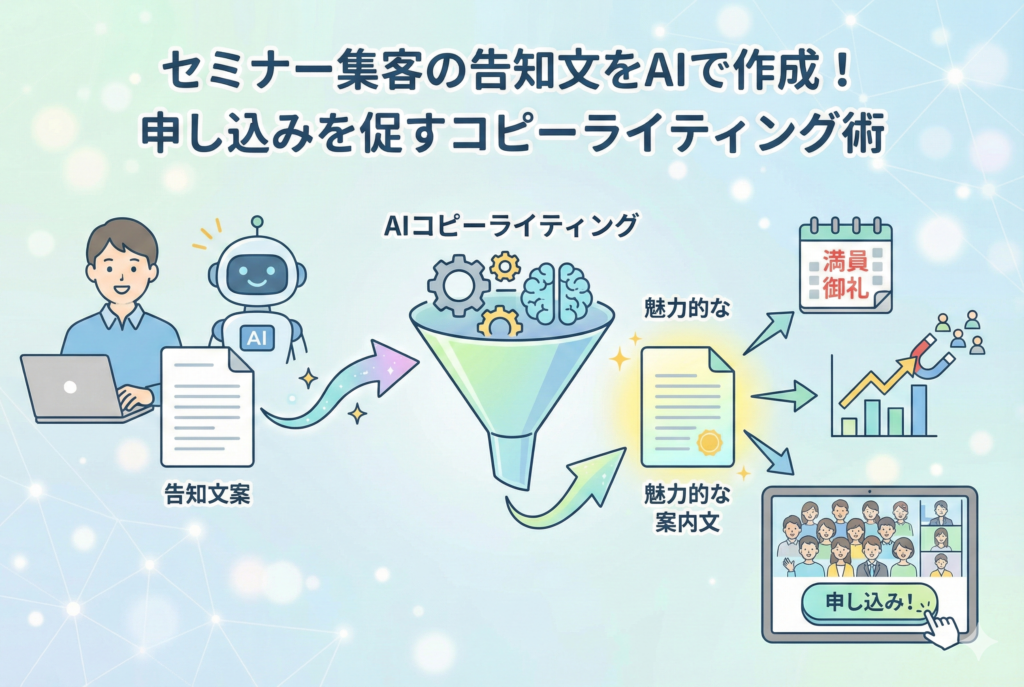 男性とAIロボットが協力してパソコンでセミナーの「告知文案」を作成し、「AIコピーライティング」のプロセスを通じて「魅力的な案内文」へと変換する流れを描いたイラスト。その結果として「満員御礼」のカレンダー、集客数が増加するグラフ、多くの参加者がいるオンラインセミナーの「申し込み!」画面につながる様子が視覚化されています。