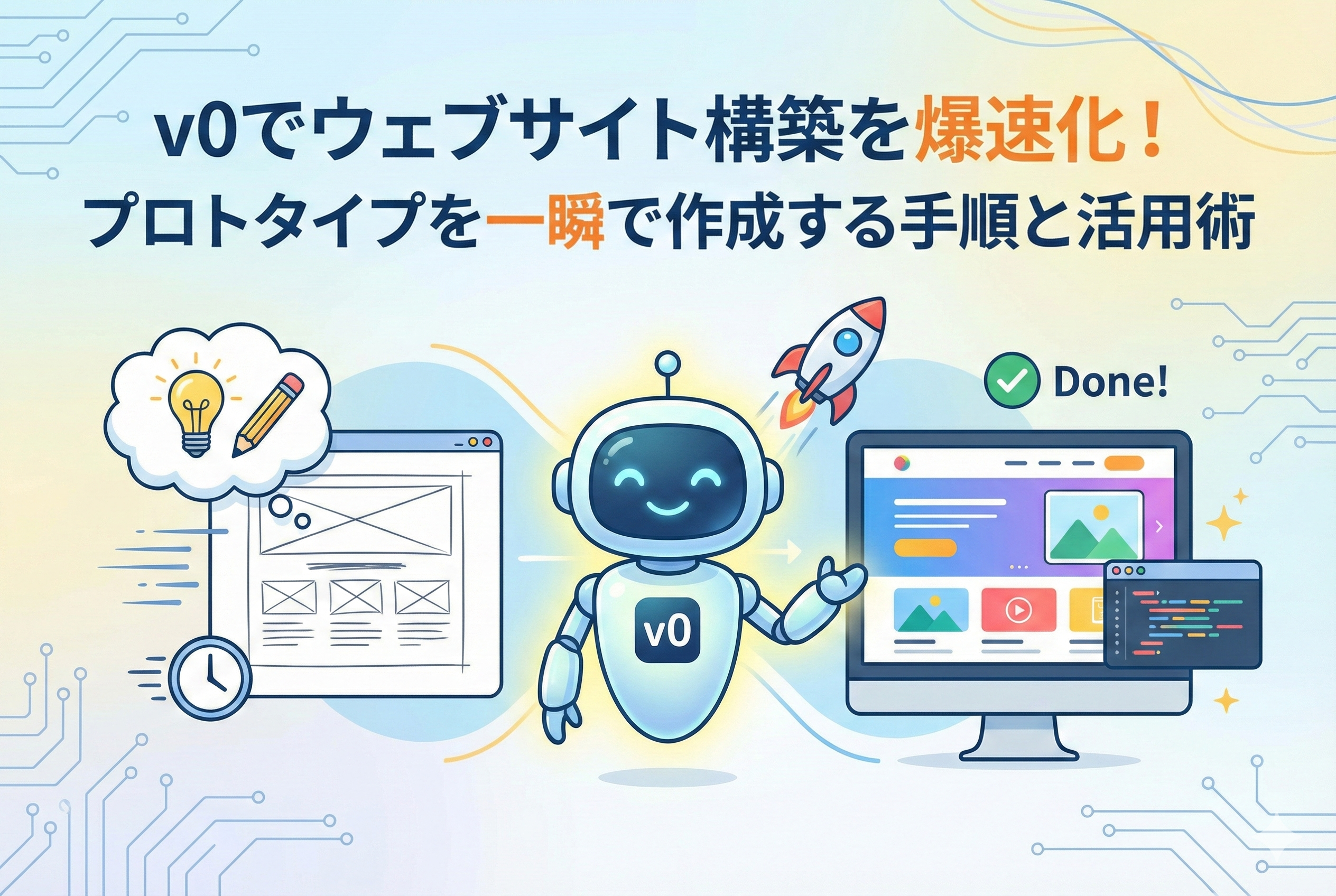 AIロボット「v0」が、手書きのラフ画から高品質なWebサイトのプロトタイプとコードを一瞬で構築し、ロケットのように開発スピードを加速させている様子のイラスト。「v0でウェブサイト構築を爆速化!プロトタイプを一瞬で作成する手順と活用術」というタイトル文字入り。