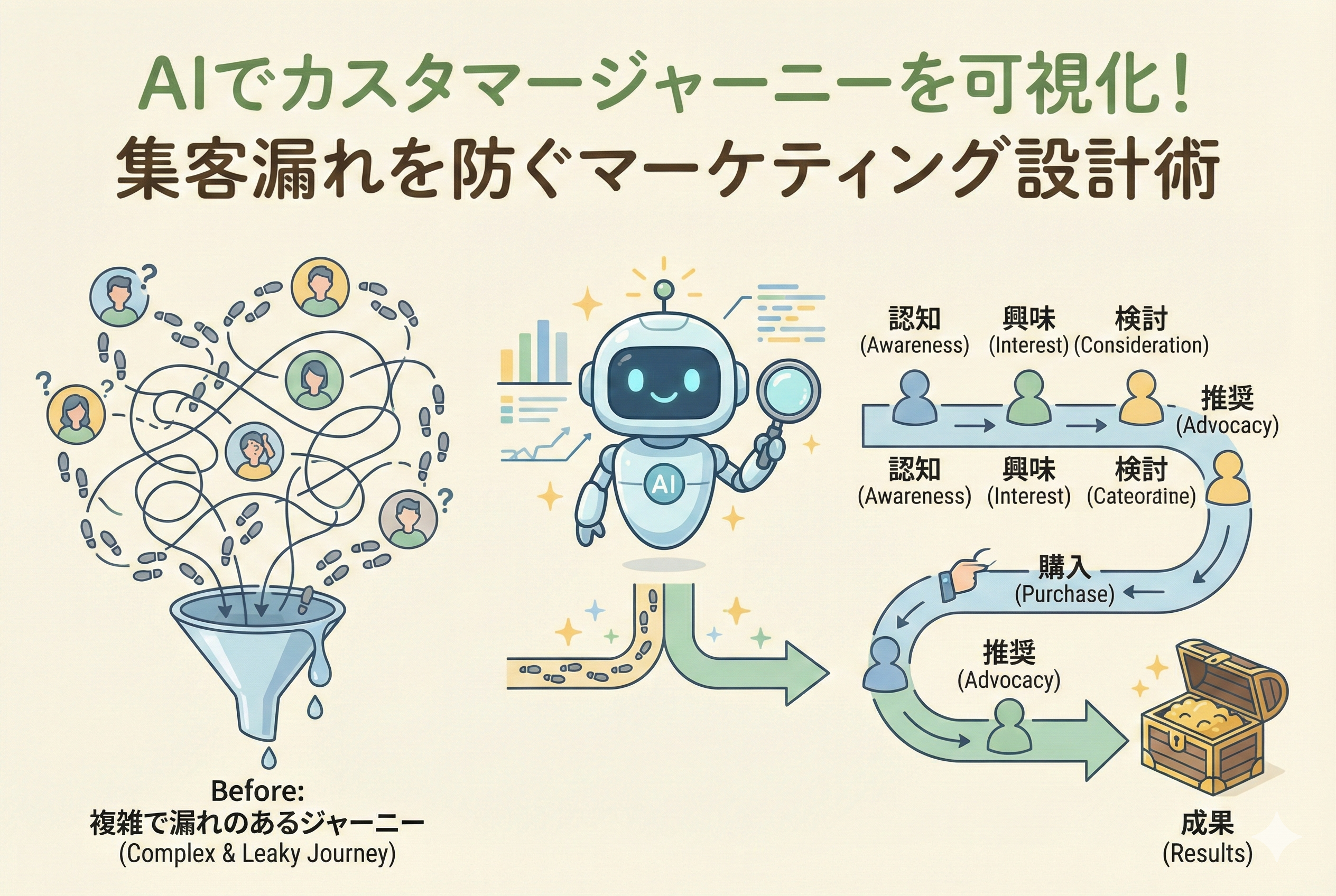 AIロボットが、複雑に絡み合い漏れが生じている顧客の行動（Before）を虫眼鏡で解析し、「認知」「興味」「検討」「購入」「推奨」という整理された一本のカスタマージャーニーマップ（After）へと可視化して、最終的な成果である宝箱へと導く様子を描いた図解イラスト。