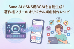 Suno AIを使ってSNS用のBGMを自動生成し、著作権フリーのオリジナル楽曲を制作する様子を描いたイラスト。左側のAIツールから音符が流れ出て、中央のスマートフォンで再生されるSNS動画のBGMとなっている。右側では、ヘッドホンをしたクリエイターがタブレットで動画を編集しており、周囲には楽器、著作権フリーを示す鍵のアイコン、SNSのいいねやシェアボタンが浮かんでいる。上部には記事タイトル「Suno AIでSNS用BGMを自動生成！著作権フリーのオリジナル楽曲制作レシピ」が配置されている。