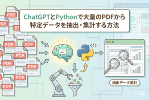 「ChatGPTとPythonで大量のPDFから特定データを抽出・集計する方法」という見出しが入ったアイキャッチ画像。左側の大量のPDFファイルが、中央のChatGPT（脳のアイコン）とPython（蛇のアイコン）を経由して、右側のエクセルファイルにデータが抽出・集計されるまでの自動化フローを、親しみやすいイラストで図解しています。