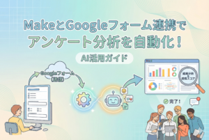 MakeとGoogleフォーム、AIを連携させてアンケート分析を自動化するプロセスを図解したアイキャッチ画像。左側のフォーム入力から、中央のMake（歯車）とAIによる処理を経て、右側のダッシュボードでの結果分析とチーム共有までの流れがイラストで描かれている。