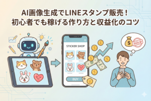 AI画像生成を活用して可愛いキャラクターのLINEスタンプを制作している様子。スマートフォンの画面に並ぶスタンプと、それを生成するAIのイメージ、そして多様な表情のキャラクターが描かれたアイキャッチ画像。記事タイトル『AI画像生成でLINEスタンプ販売！初心者でも稼げる作り方と収益化のコツ』の文字入り。