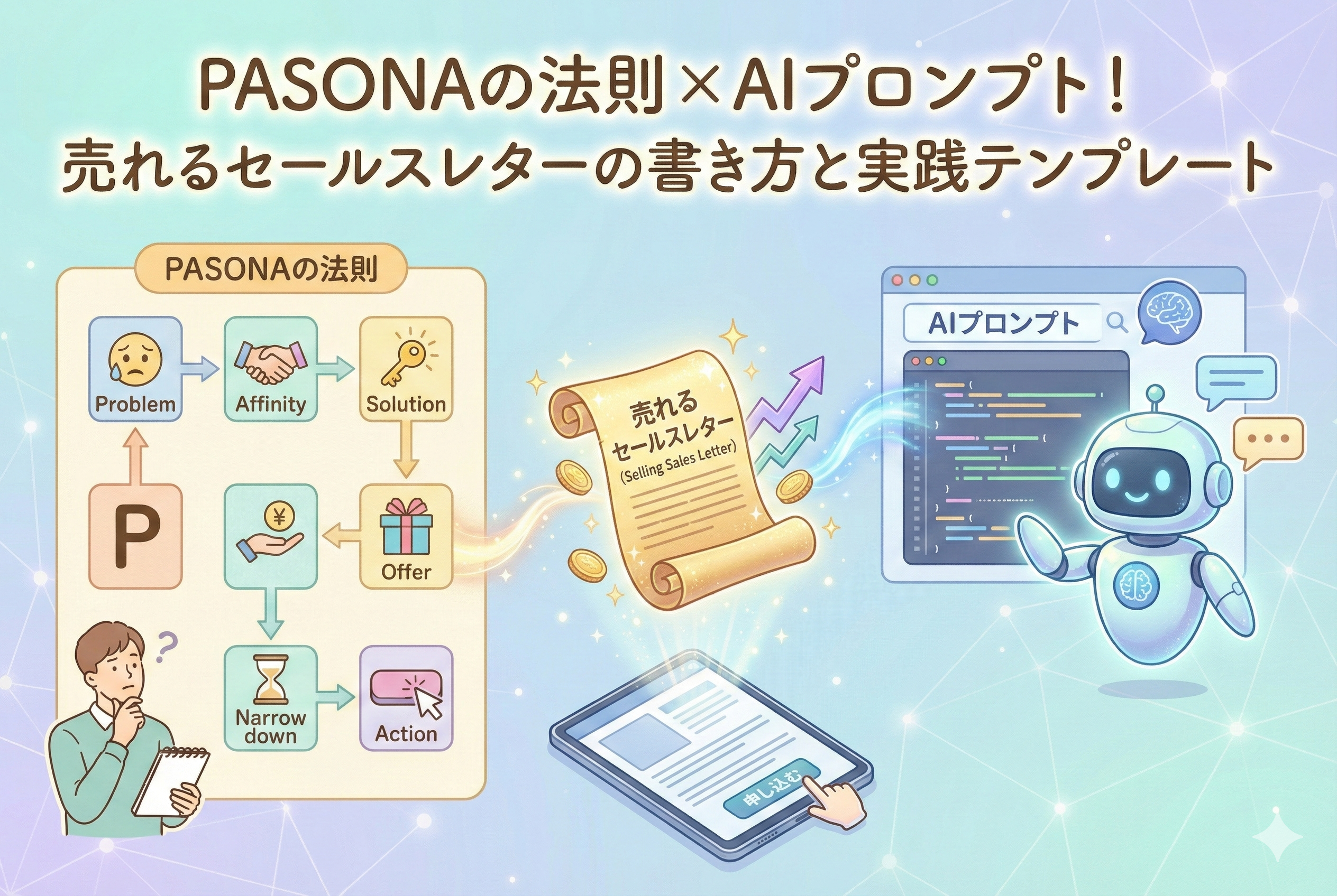 PASONAの法則（問題提起、親近感、解決策、提案、絞り込み、行動）のサイクル図と、AIロボットがプロンプトを入力して「売れるセールスレター」を生成している様子を描いたイラスト。中央には黄金に輝くレターと、タブレットでの申し込み画面が表現されています。