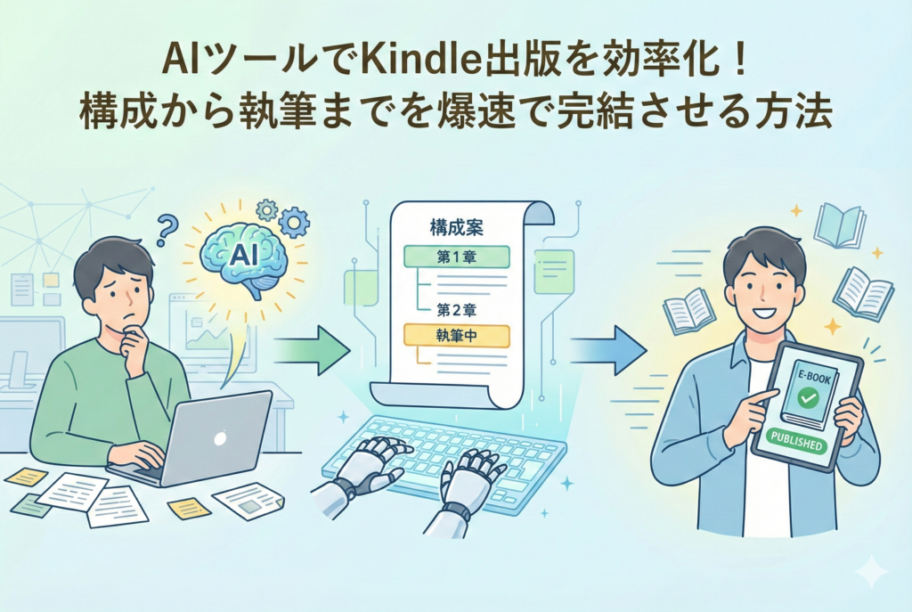「AIツールでKindle出版を効率化！構成から執筆までを爆速で完結させる方法」という見出しが入ったアイキャッチ画像。左側で執筆に悩む男性が、中央でAIの力を借りて目次や構成案をスピーディーに作成し、右側で電子書籍を無事に出版して笑顔を見せるまでのプロセスを、清潔感のあるイラストで図解しています。