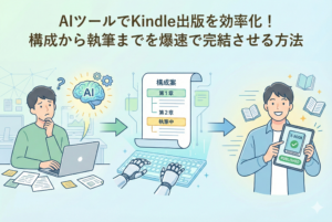 「AIツールでKindle出版を効率化！構成から執筆までを爆速で完結させる方法」という見出しが入ったアイキャッチ画像。左側で執筆に悩む男性が、中央でAIの力を借りて目次や構成案をスピーディーに作成し、右側で電子書籍を無事に出版して笑顔を見せるまでのプロセスを、清潔感のあるイラストで図解しています。