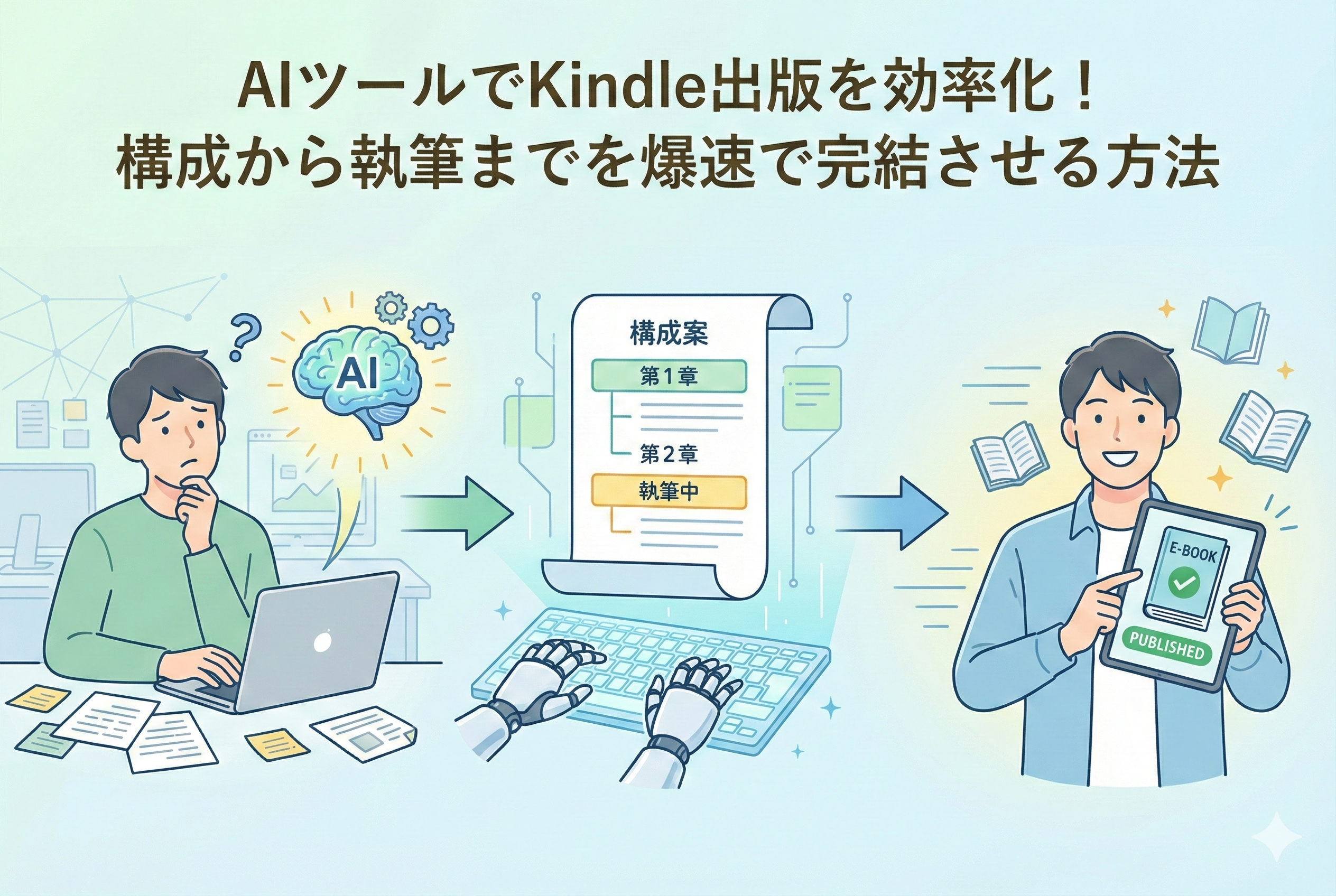「AIツールでKindle出版を効率化!構成から執筆までを爆速で完結させる方法」という見出しが入ったアイキャッチ画像。左側で執筆に悩む男性が、中央でAIの力を借りて目次や構成案をスピーディーに作成し、右側で電子書籍を無事に出版して笑顔を見せるまでのプロセスを、清潔感のあるイラストで図解しています。